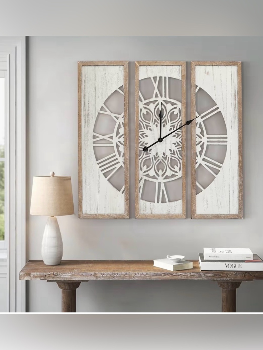 RiteSune Unique 30" Wall Clock for Living Room Decor Triptych 3 Panel NEW NIB